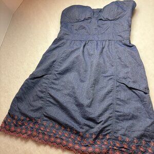 American Eagle Strapless Chambray Dress Embroidered Eyelet Country Preppy  Sz 10